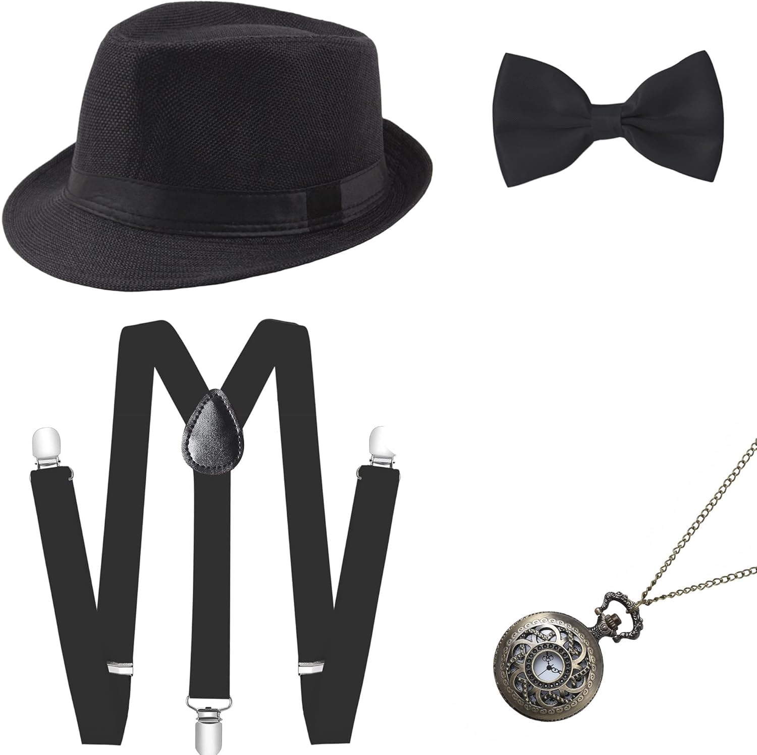 1920s Men's Gatsby Gangster Cotton Fabric Accessories Set - Panama Hat, Suspenders, Bow Tie for Prom, Opera, Anniversary, Pageants, White Set, Vintage