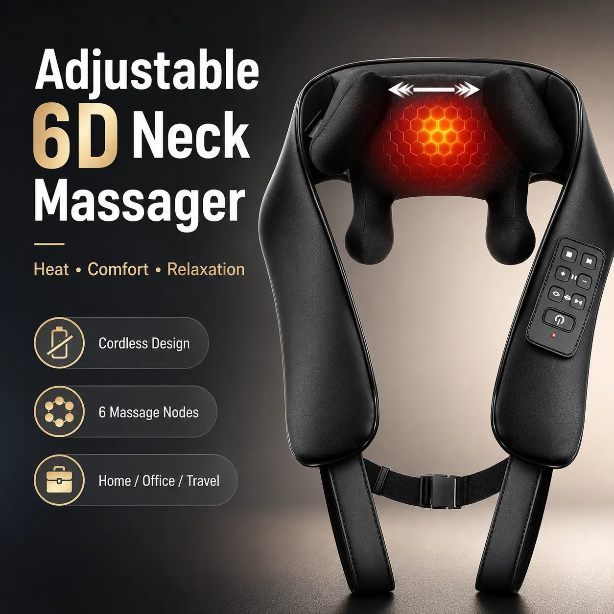 Rechargeable Neck, Shoulder and Back Massager with Soothing Heat, 6 Massage Nodes and Adjustable-Width Design, Cordless Deep-Kneading Trapezius Massage Tool for Larger Body Frames, Home Relaxation and Gift Giving