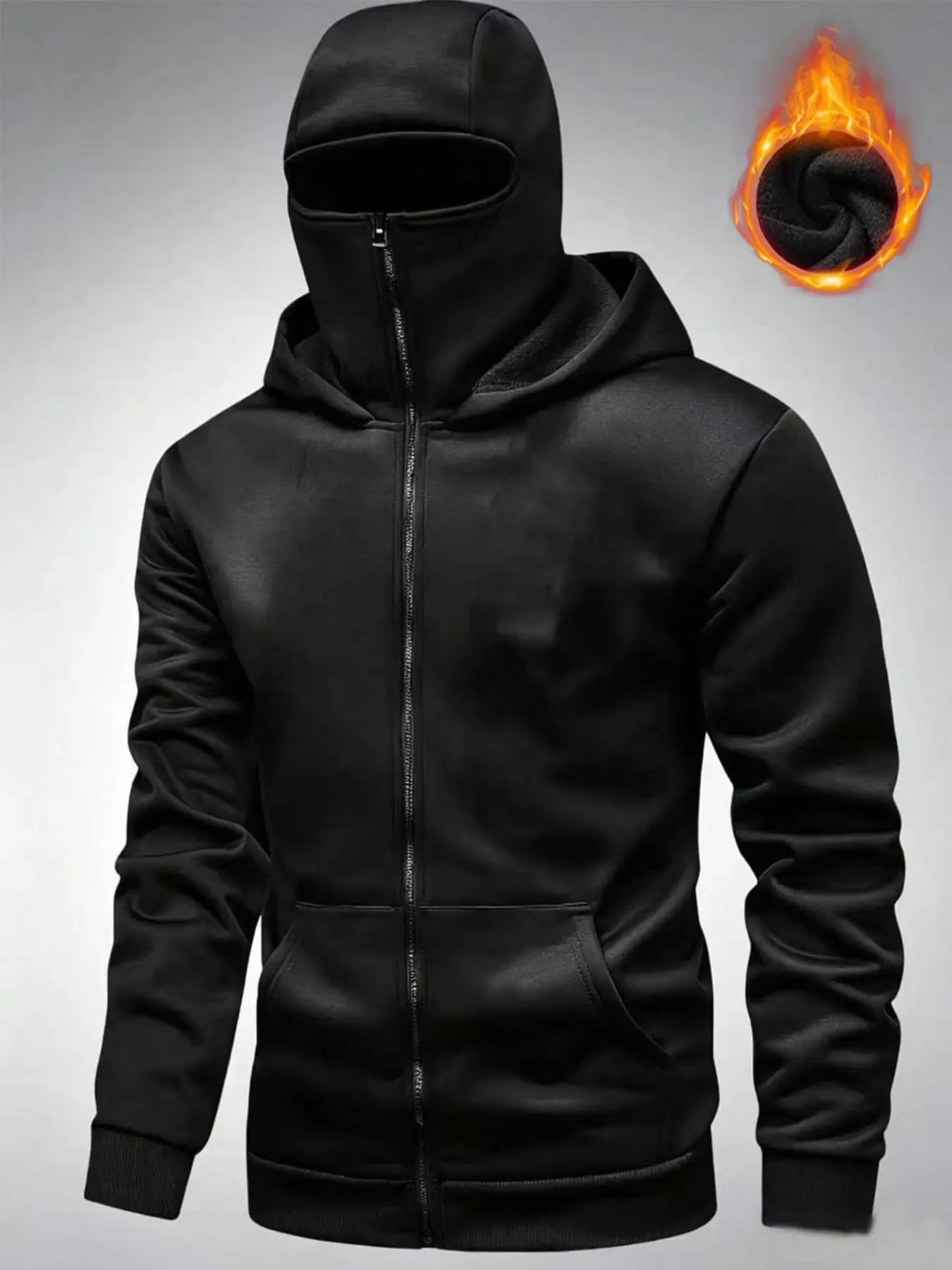 Men's Balaclava Full-Zip Hoodie, Fleece-Lined Ninja Face Cover Jacket, Integrated Full Face Mask Anti-Social Introvert Hooded Sweatshirt, Multi-Wear Design Perfect for Cycling, Skiing, Hiking, Campus, Street Style, Gym Workout & Daily Commute