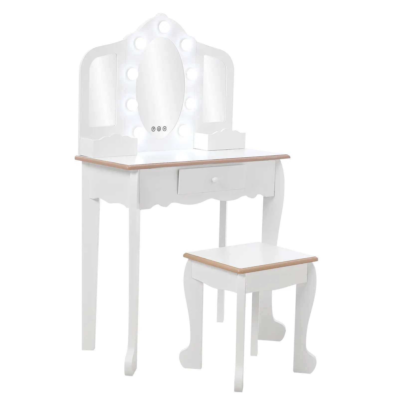 Adjustable LED Mirror Kids Vanity Set - Wooden Dressing Table with Stool & Storage Drawer, Pretend Makeup Playset for Girls Ages 4-9, Ideal for Bedroom or Playroom