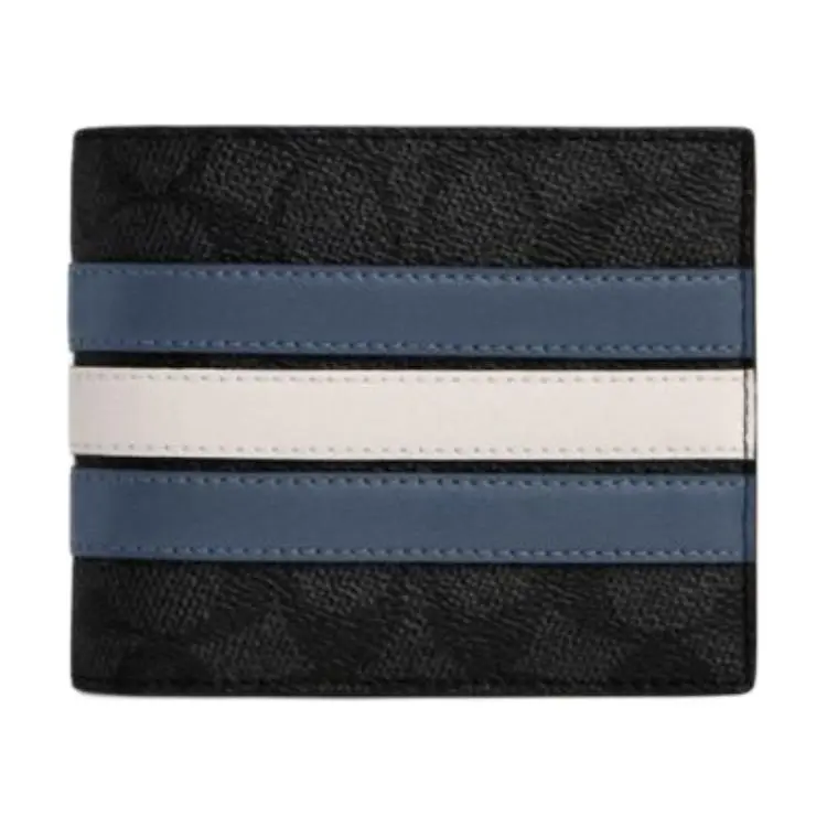 COACH 3-in-1 Wallet for Men – Classic Monogram Stripe Style in Charcoal Gray and Denim Blue