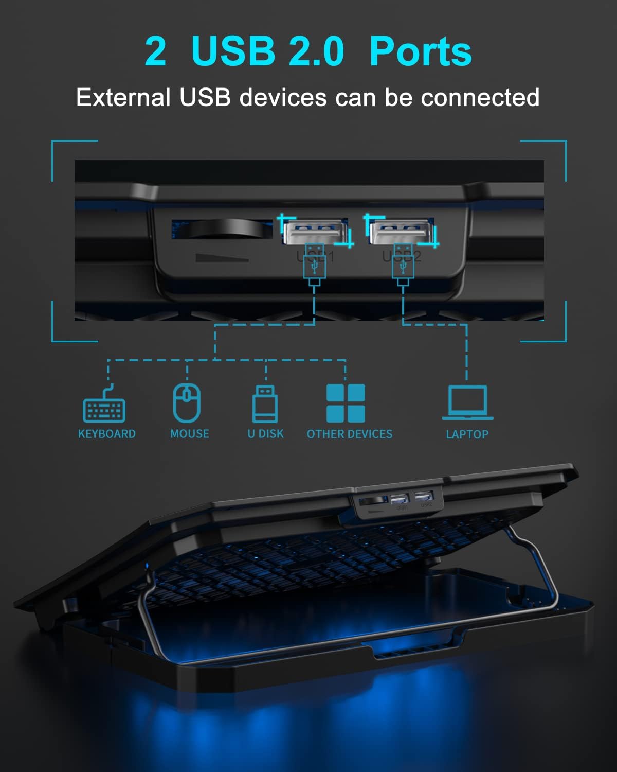 Laptop Cooling Pad, Gaming Laptop Cooler 2 Fans for 10-15.6 Inch Laptops, 5 Height Stands, 2 USB Ports (S039)