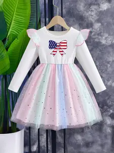 Girls' Dress, Fashion Princess Dress, Long Sleeve, Star Moon Gradient Mesh, Fashion star-striped flag bowknot pattern print, Girl's Gift , Perfect  for spring, autumn, and winter, back-to-school, Christmas, birthday parties, vacations, daily wear