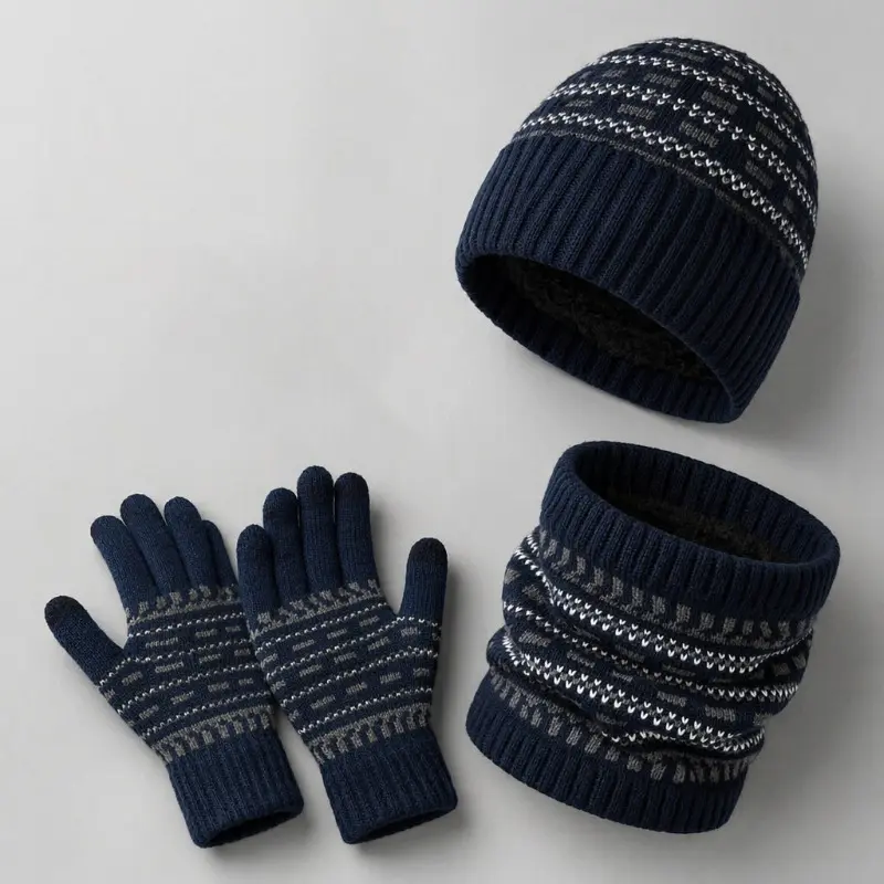 Mens Knitted 3 Piece Set Thickened Cold resistant Warm Adult Beanie Hat Neck Warmer Gloves Combo Geometric Knit Pattern Thermal Windproof Winter Accessory Suit Elastic Stretchy Soft Warm Knit Beanie Neck Cover Touch Screen Gloves