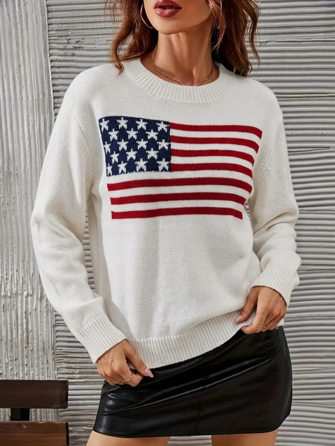 2026 New American Vintage Women's Round Neck Star Flag Jacquard Knit Sweater, Loose Fit, Long Sleeve, Casual Daily Wear
