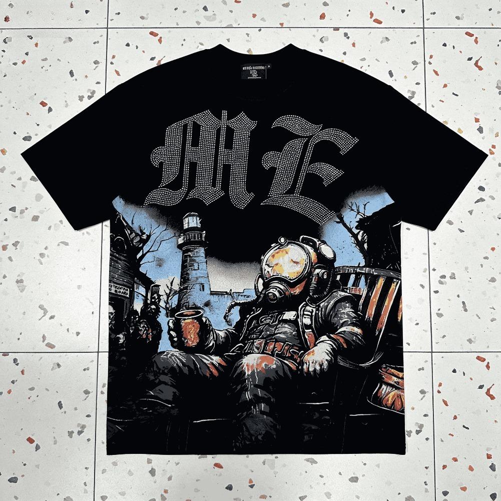 Vintage Cartoon Monster Print 100% Cotton T-Shirt Men Y2K Summer Short Sleeves Oversize Tshirt Streetwear Women Tops