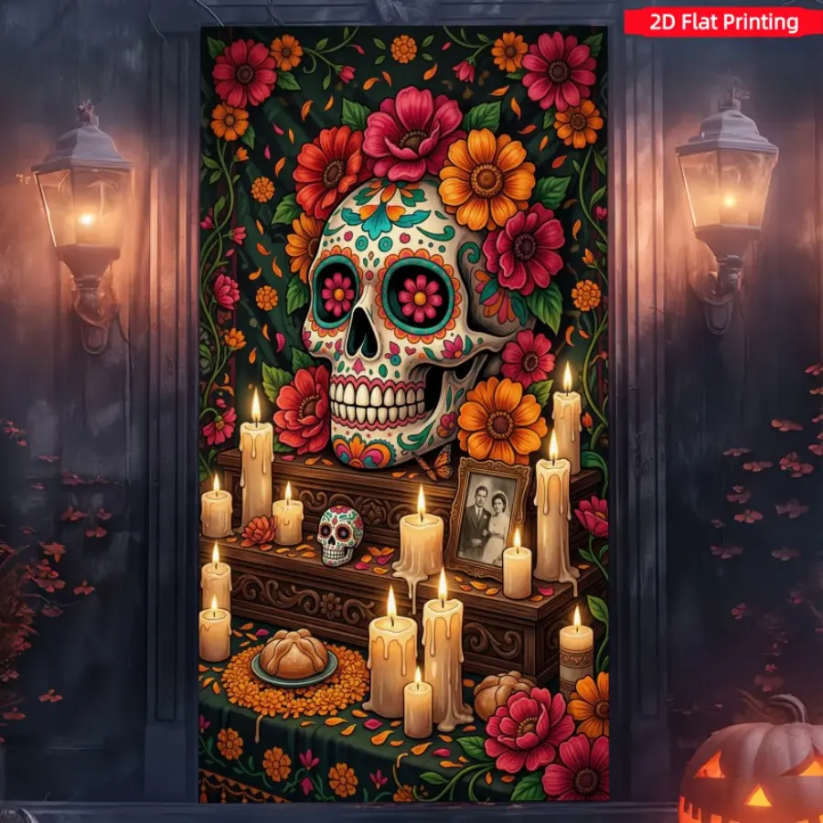 2D Flat Sugar Skull Marigold Decoration Background Cloth, Mexican Theme Party, Altar Setup, Home Wall Decor, Halloween Photo Backdrop, Polyester Material