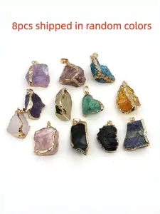 8pcs Random Color Natural Crystal Gold Edge Pendant Necklace, Unique Jewelry Gift Idea, Handmade Design, Irregular Sizes, Raw Stone Charms