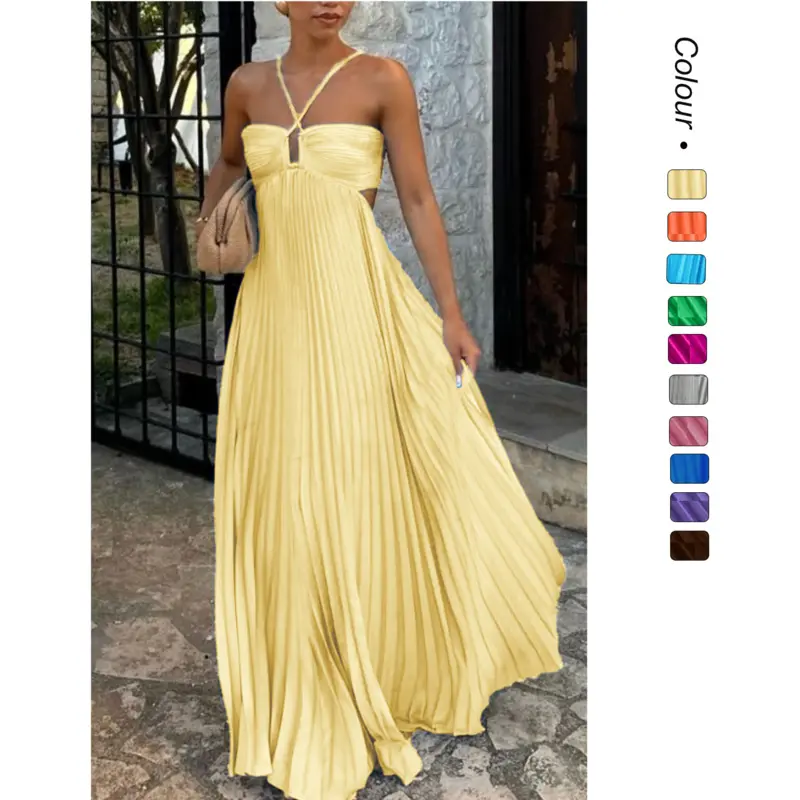 Summer new solid color strapless pleated sleeveless halter dress, Elegant Crinkle Pleated Long Dress Halter Cross Strap Waist Cutout Open Back Tie Back Party Maxi Dress