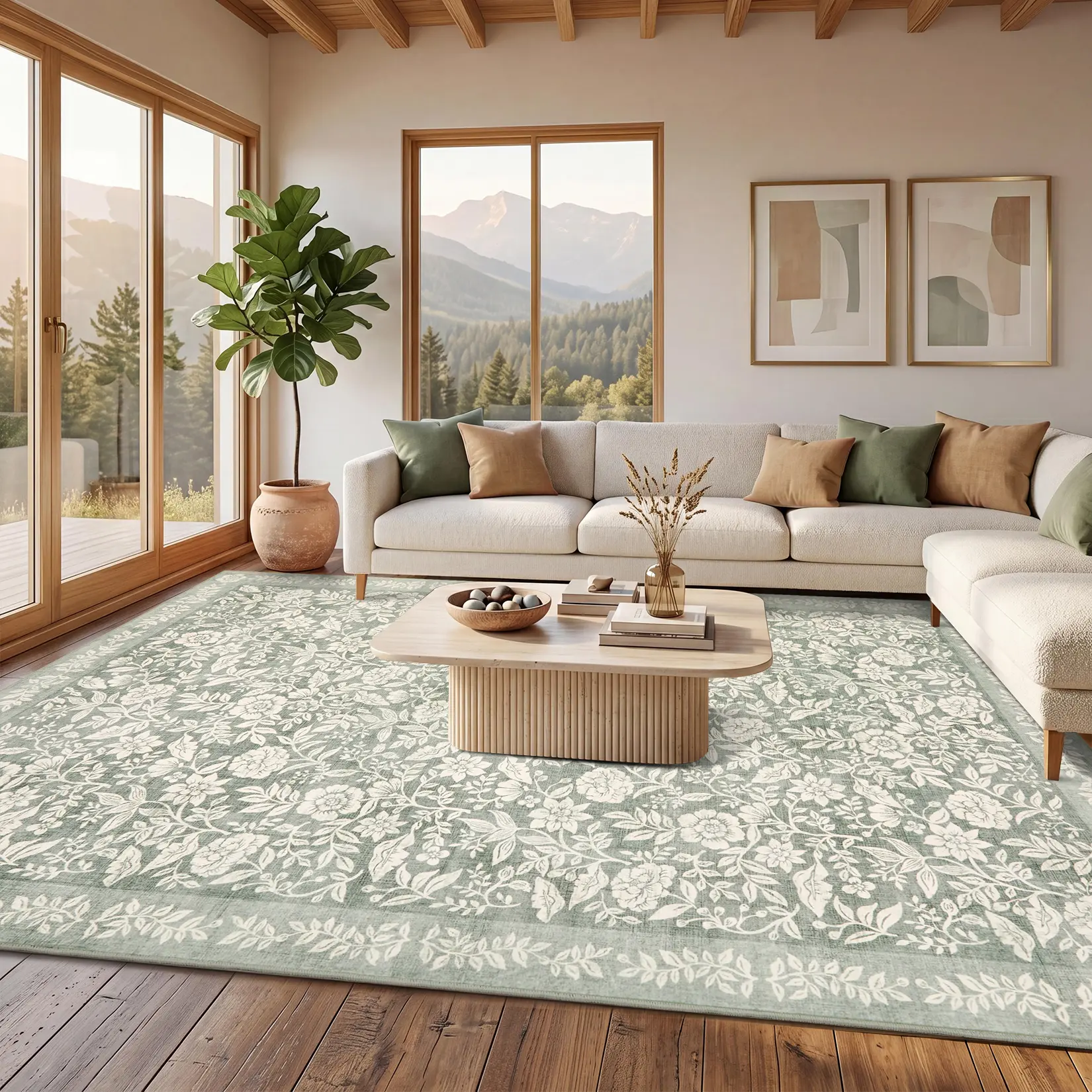 Vintage Floral Print Area Rug, Washable Ultra Thin Foldable Soft Lint Free Rug with Non Slip Backing for Living Room Dining Room Playroom Kids Room Entryway Farmhouse bedroom