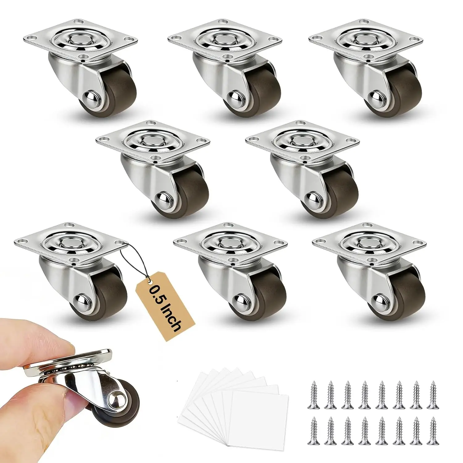 8 count Mini Caster Wheels 0.5 Inch, Low Profile Rubber  Swivel Casters, No-Floor Marks, Self Adhesive Square Plate Castor Wheels for Furniture, Small Appliances, Storage Bins, DIY Projects