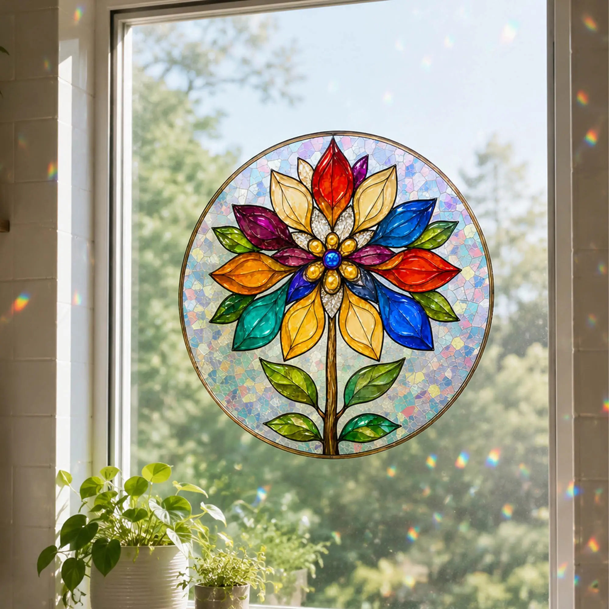 Stained Glass Flower Window Cling Round Sun Catcher Window Sticker Decorative Decal Colorful Mandala Floral Glass Decal Static Cling No Glue Removable Privacy Film for Home Kitchen Bedroom Bathroom Decor Window Decals For Glass Windows