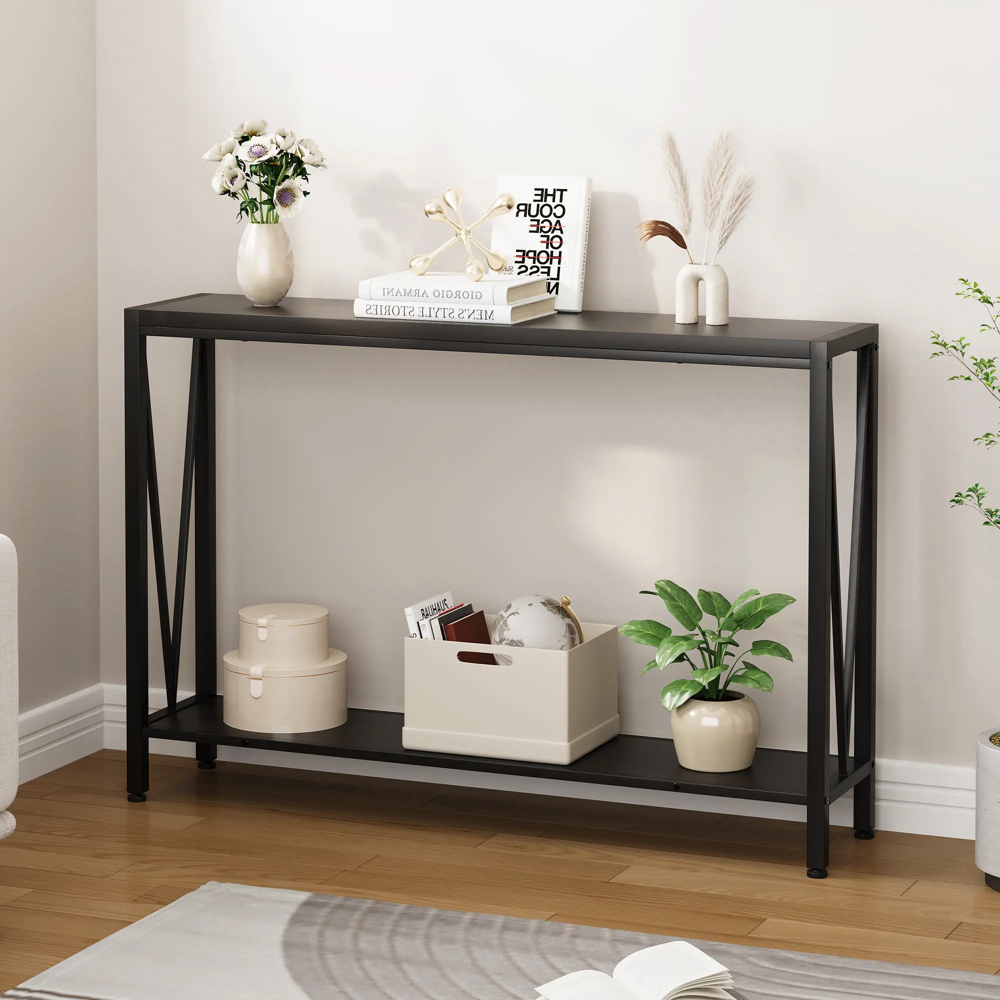 Industrial Entryway Console Table – 43.3" Narrow Sofa Table with Sturdy Metal Frame, Storage Shelf, Black – Living Room, Hallway, Foyer, Office
