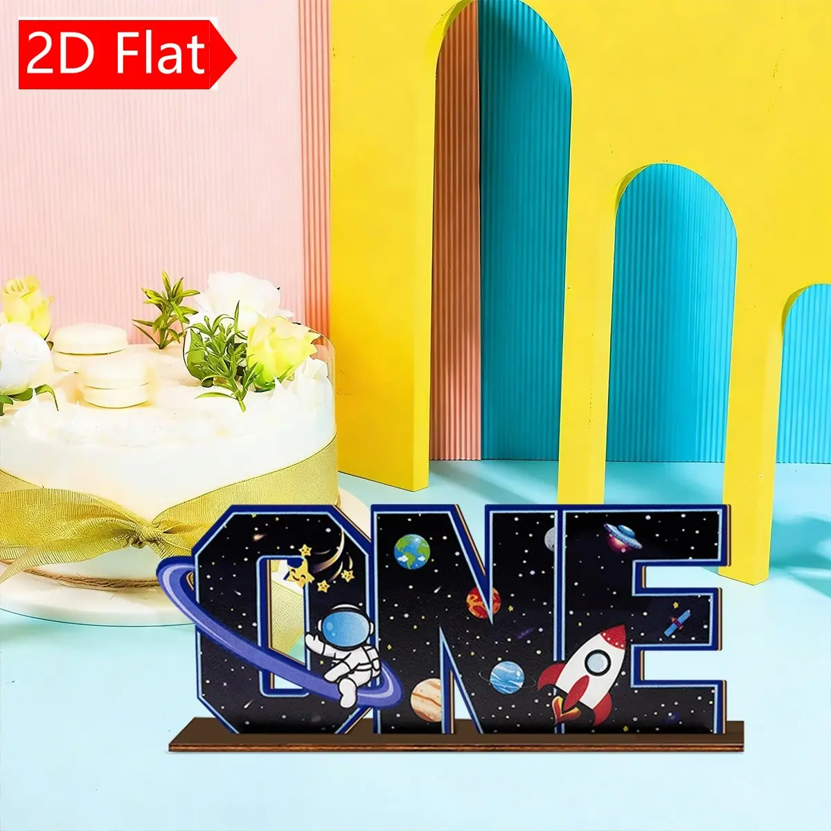 2D Space Theme 'one' Letter Wooden Desktop Art Figurine, Baby 1st Birthday Decor, Astronaut Rocket Planet Pattern, Home Decoration Gift