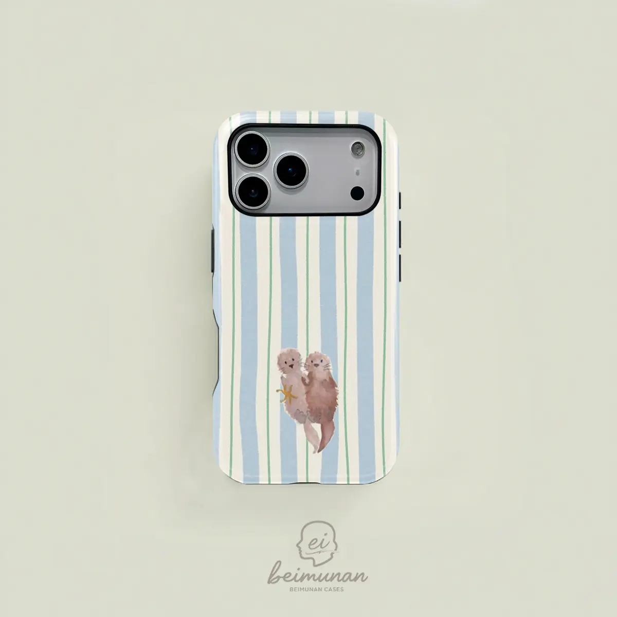 Cute blue and white striped watercolor-style phone case with hand-painted sea otter and starfish patterns. A durable 2-in-1 protective case, compatible with MagSafe, suitable for iPhone 17/16/15/14/13/12/11 Pro Max/Plus/Pro. Simple and stylish phone case,