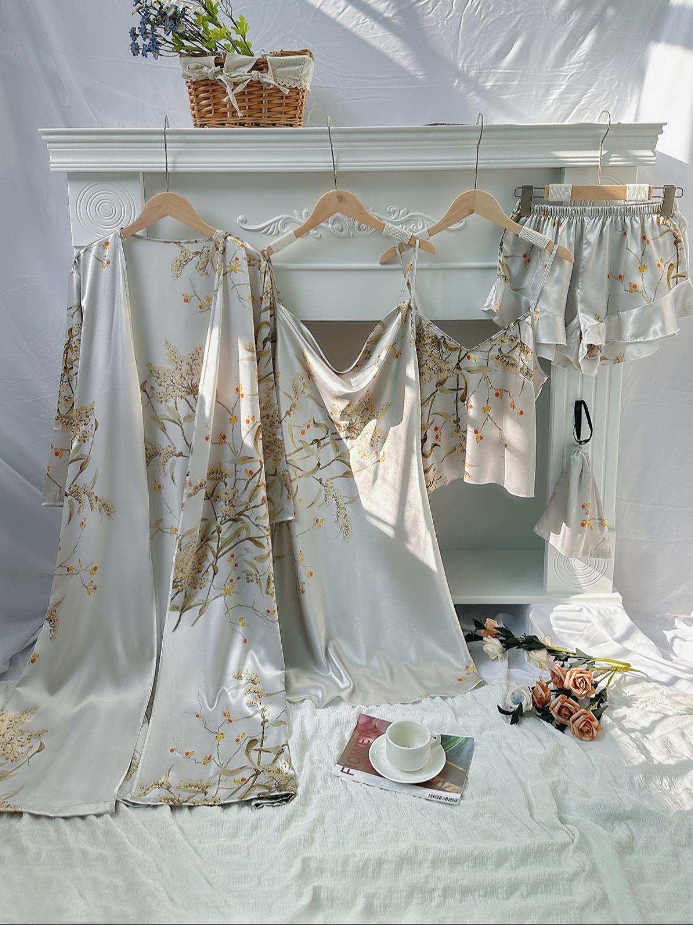 5 Counts Women's Floral Print Satin Pajama Set, Elegant Belted Robe & Cowl Neck Cami Dress & Camisole & Ruffle Shorts & Bag, Women Sleepwear for All Seasons, Summer Outfits, Satin Pyjama Set