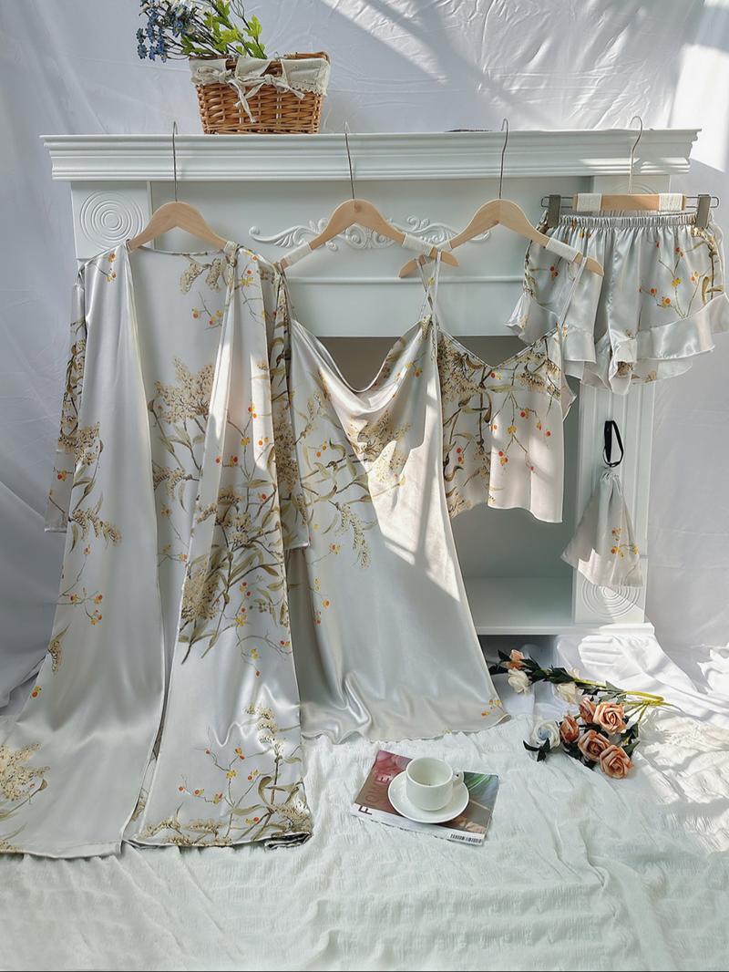 5 Counts Women's Floral Print Satin Pajama Set, Elegant Belted Robe & Cowl Neck Cami Dress & Camisole & Ruffle Shorts & Bag, Women Sleepwear for All Seasons, Summer Outfits, Satin Pyjama Set