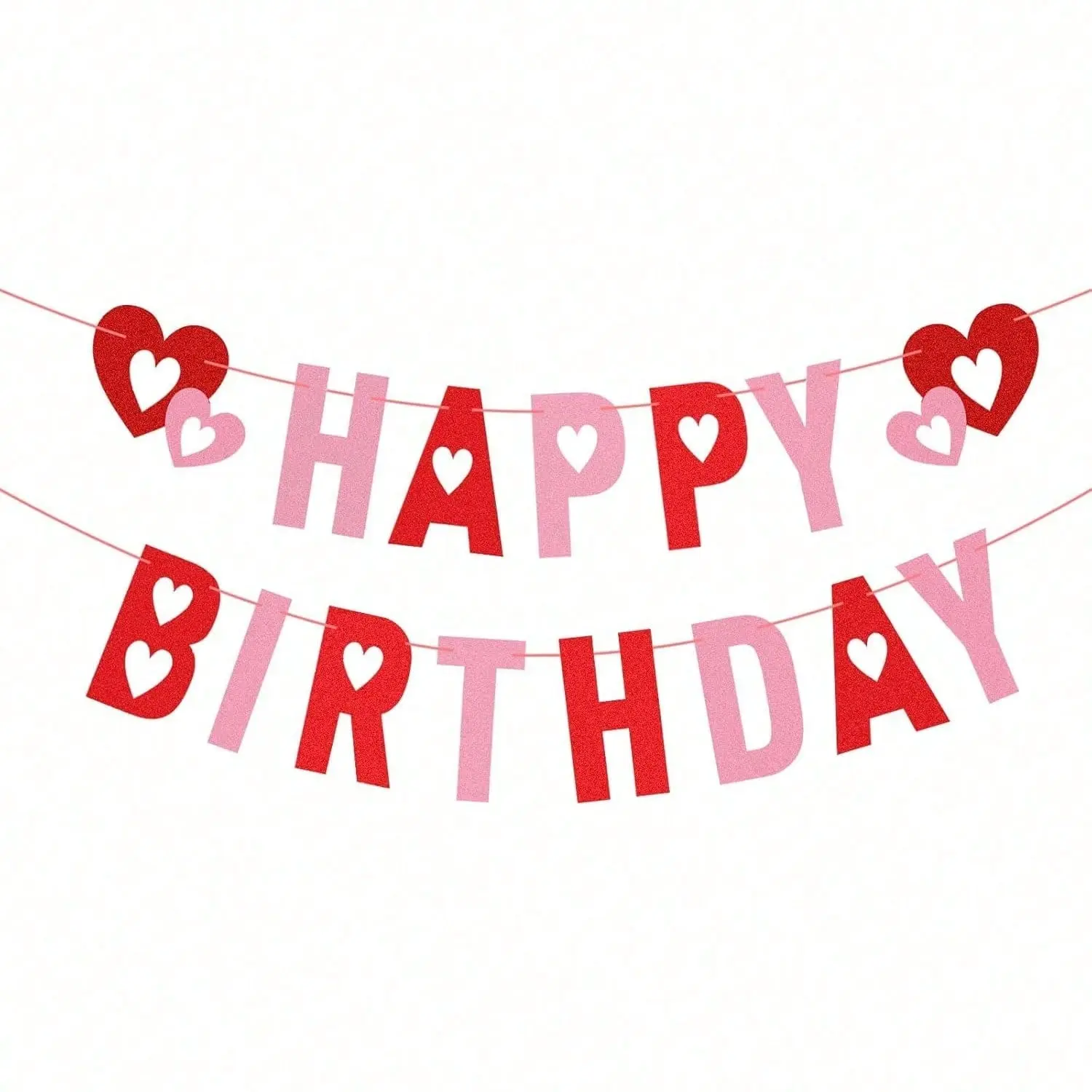 Red Pink Glitter Heart Happy Birthday Valentine Banner, Paper Hanging Garland Flag Photo Backdrop Decor for Home Mantel Office Party Supplies