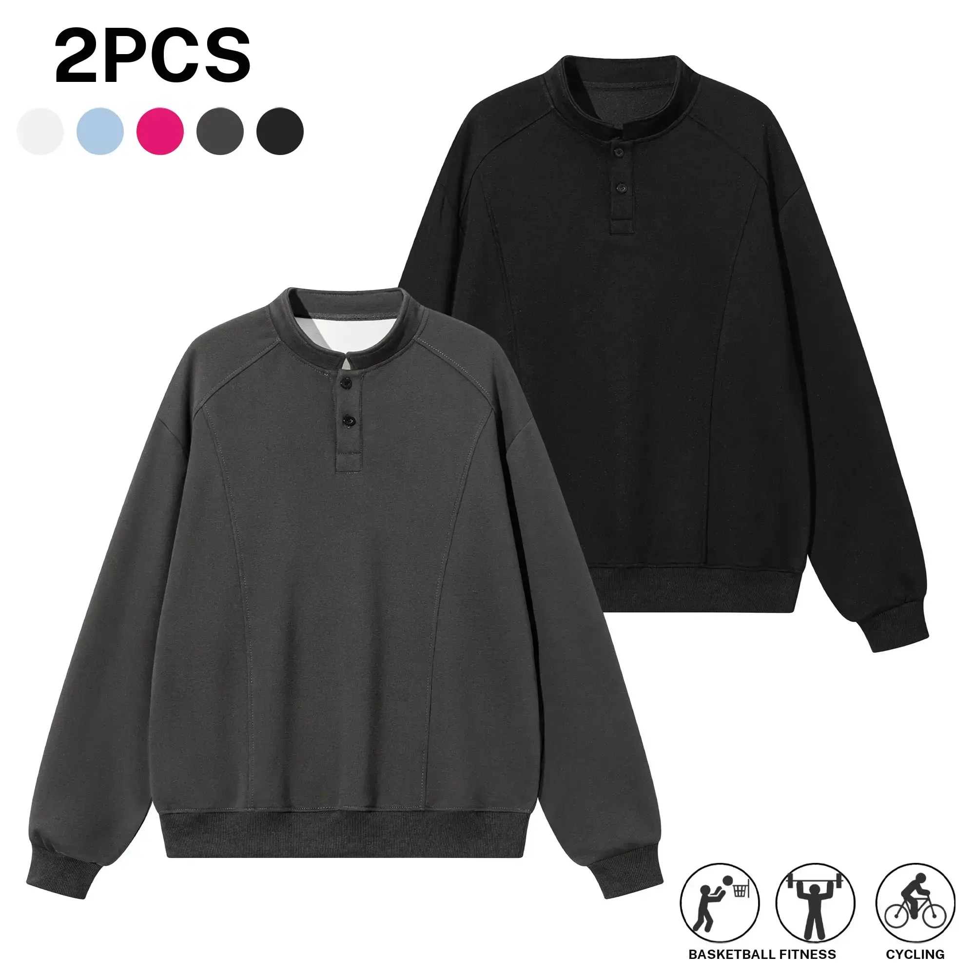 Available in 2-pack or 1-pack; Men’s athletic sweatshirt with a buttoned collar, raglan sleeves, and vertical seam detailing; loose, casual pullover style; menswear; black long-sleeve top ; suitable for everyday wear, commuting, and street-style outf fall