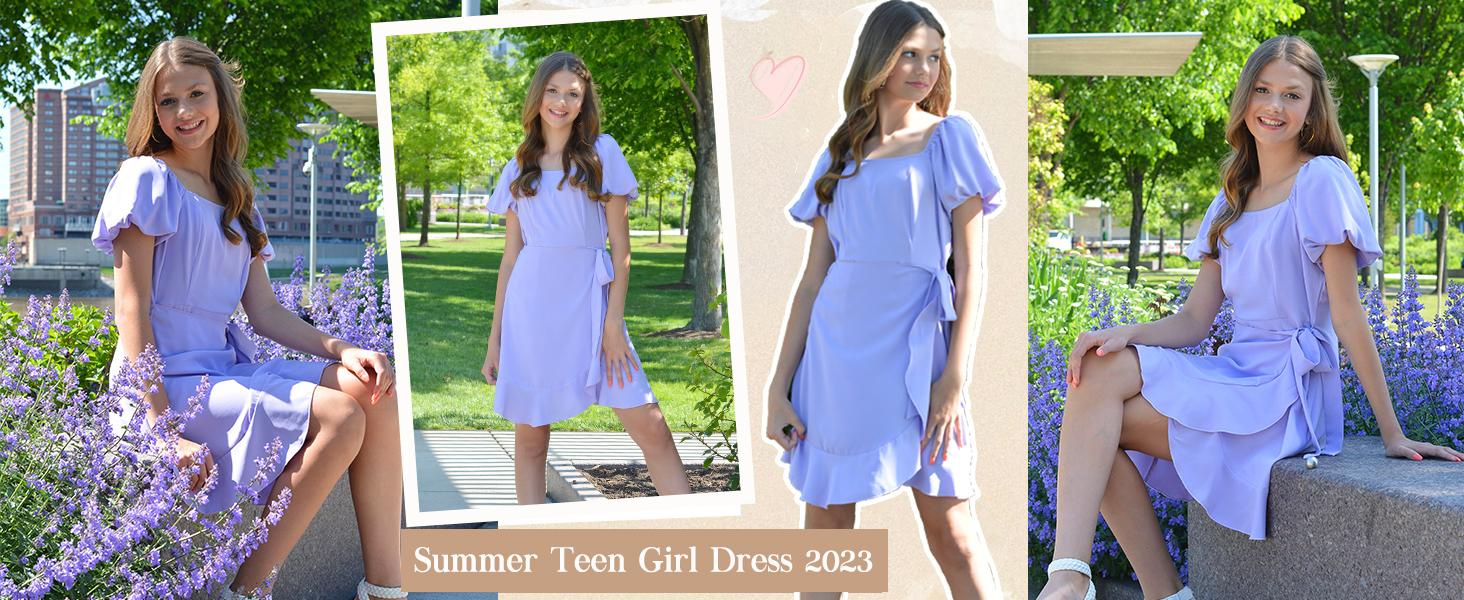 OFEEFAN Womens Summer Dresses Square Neck Puff Sleeve Tie Waist Short Dress SpringStatements