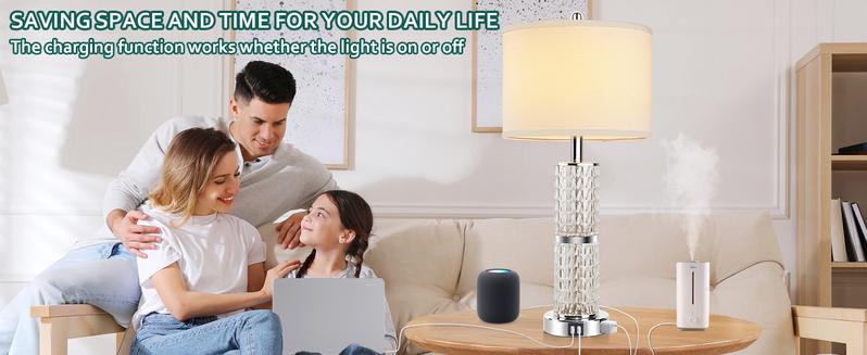 3-Way Touch Control Crystal Table Lamps Set of 2, Silver Modern Bedside Lamp with 2 USB Ports & AC Outlets for Living Room, 26' Tall Desk Lamps with White Drum Shade for Bedroom, 2 Free Bulbs Included