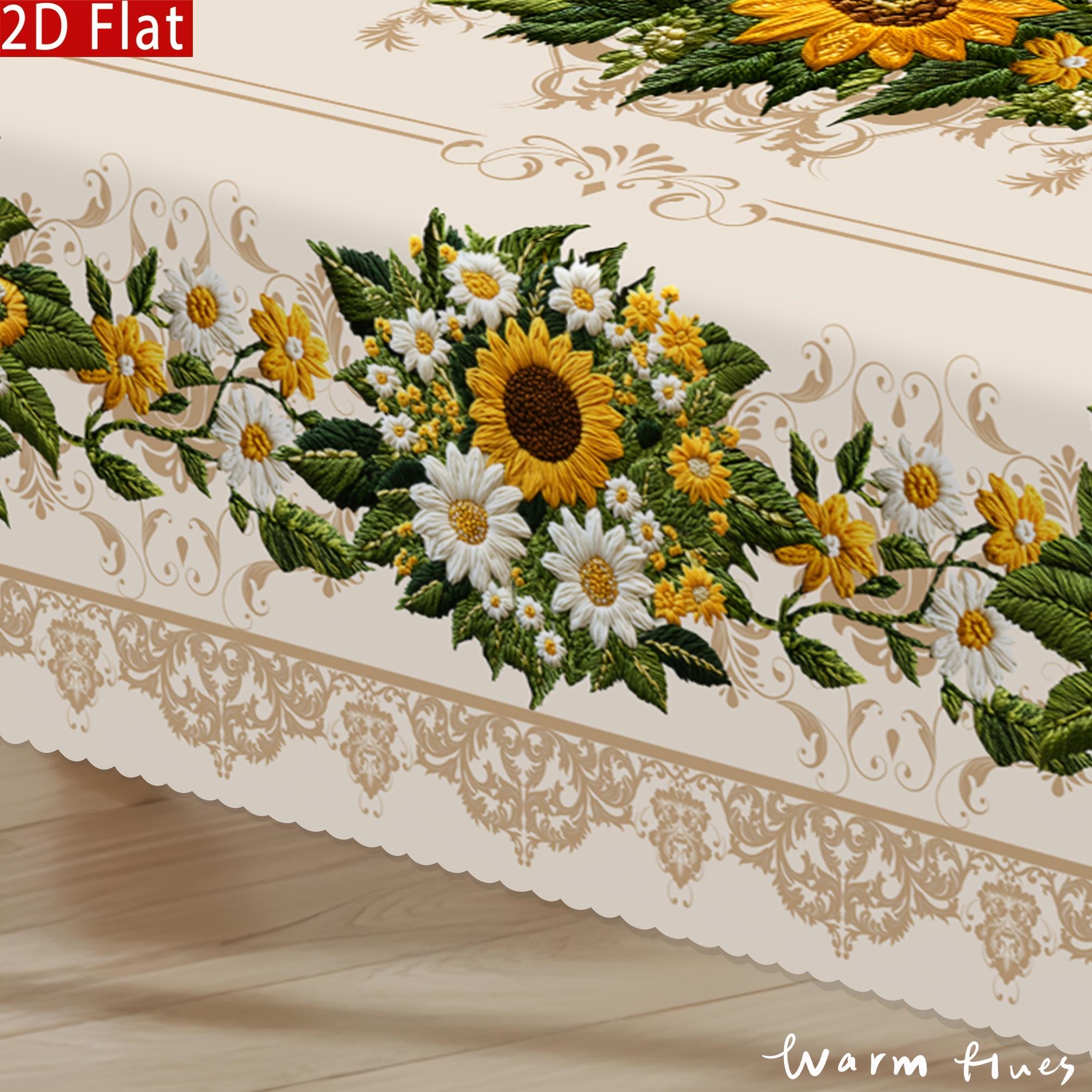 1pc Vintage Sunflower & Daisy Tablecloth - Non-Embroidered European Floral Design, Durable Polyester Rectangular Table Cover for Round/Oval Tables, Kitchen Dining Room Patio Picnic Decor, Easy-Clean Vintage Home Decor, Machinemade Textile, Sunflower Kitch