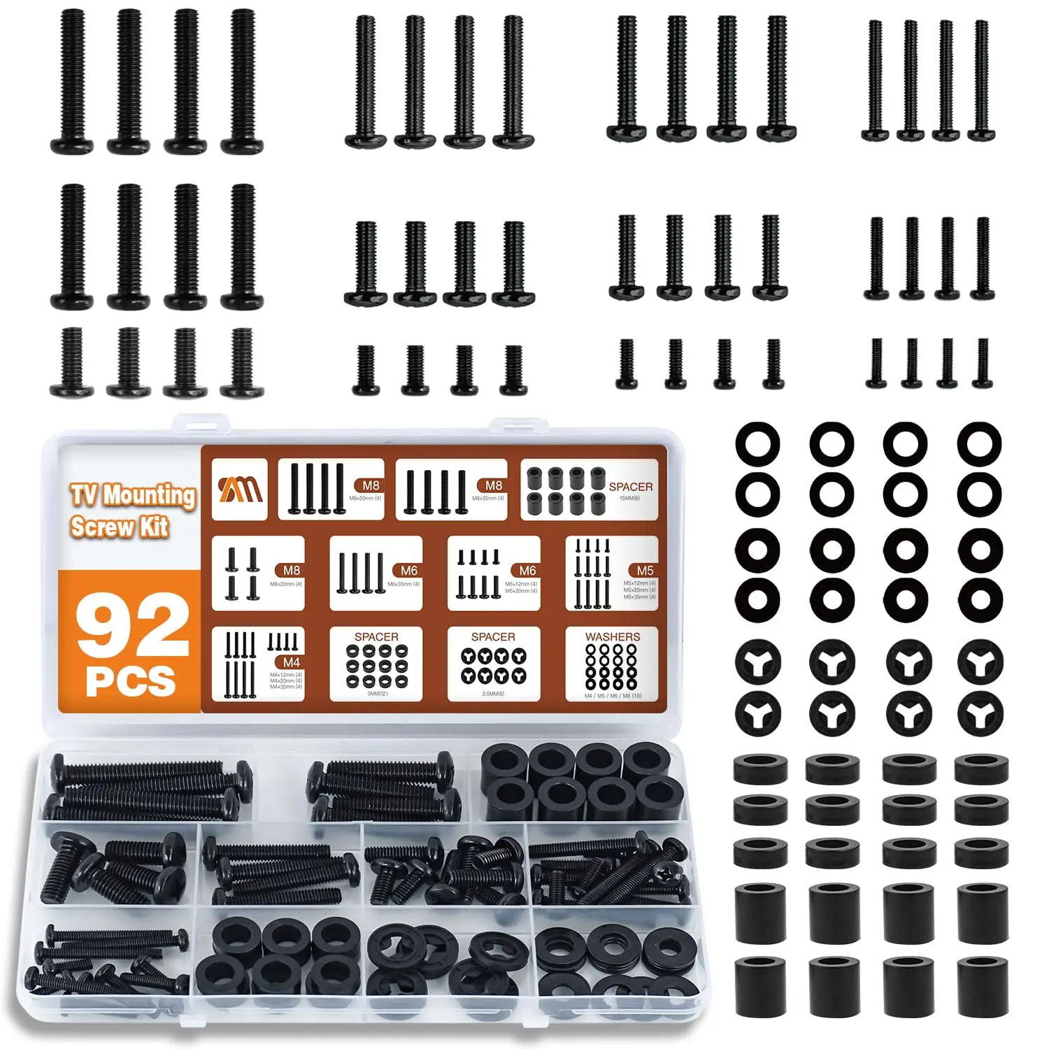 92 count  TV Mounting Hardware Screw Kit Set - M4 M5 M6 M8 Screws, Spacers and Whers for  TV/ VESA Mount, TV Mount  Screws with Box up to 80", Black