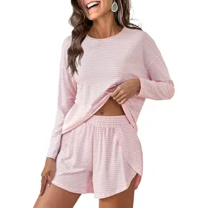 Womens Long Sleeve Pajama Sets Fall 2 Piece Outfits Lounge Matching Short Set Striped Pjs Loungewear Sleepwear