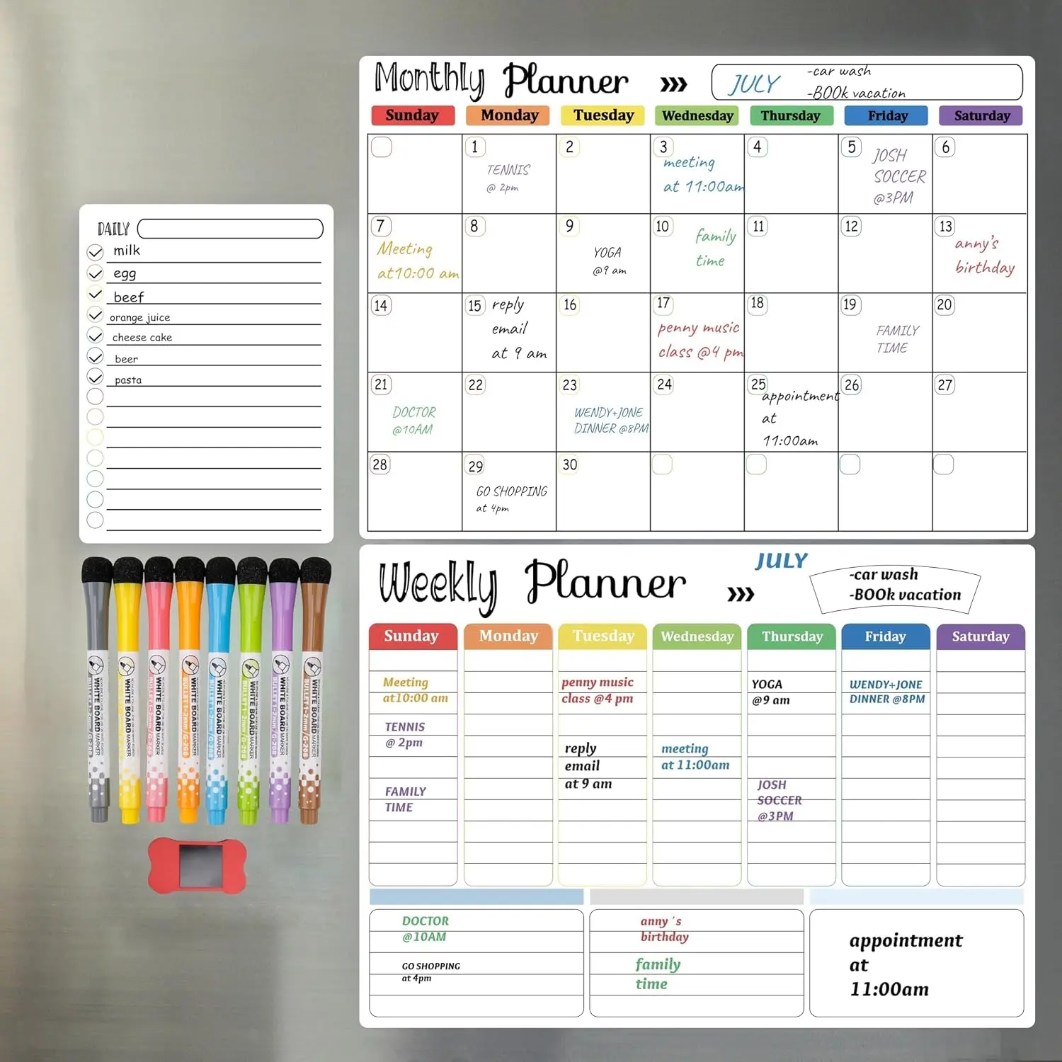 3-Pack  Dry Erase Calendar Whiteboard Set for Fridge, Wall & Refrigerator Organisation – Monthly, Weekly & Daily Planners – Includes 8 Markers & Eraser
