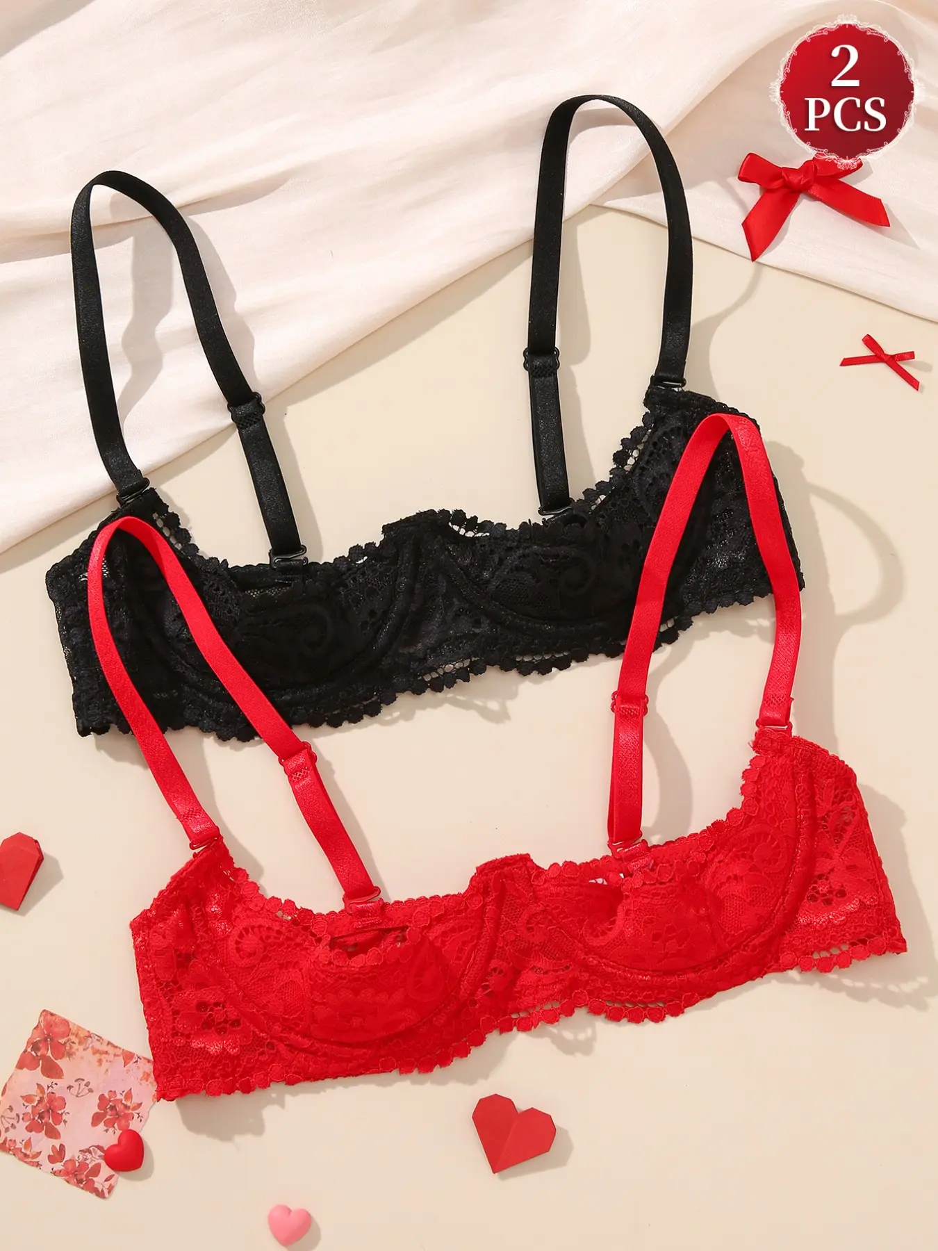 1/2PCSWomen's Scalloped Lace Half Cup Bra, Wire-Free & Linerless, Lightweight Breathable, Adjustable Thin Straps, Back Closure, Great Under Shirts, Camisoles & Dresses for Daily Work & Dates, Elegant, Chic