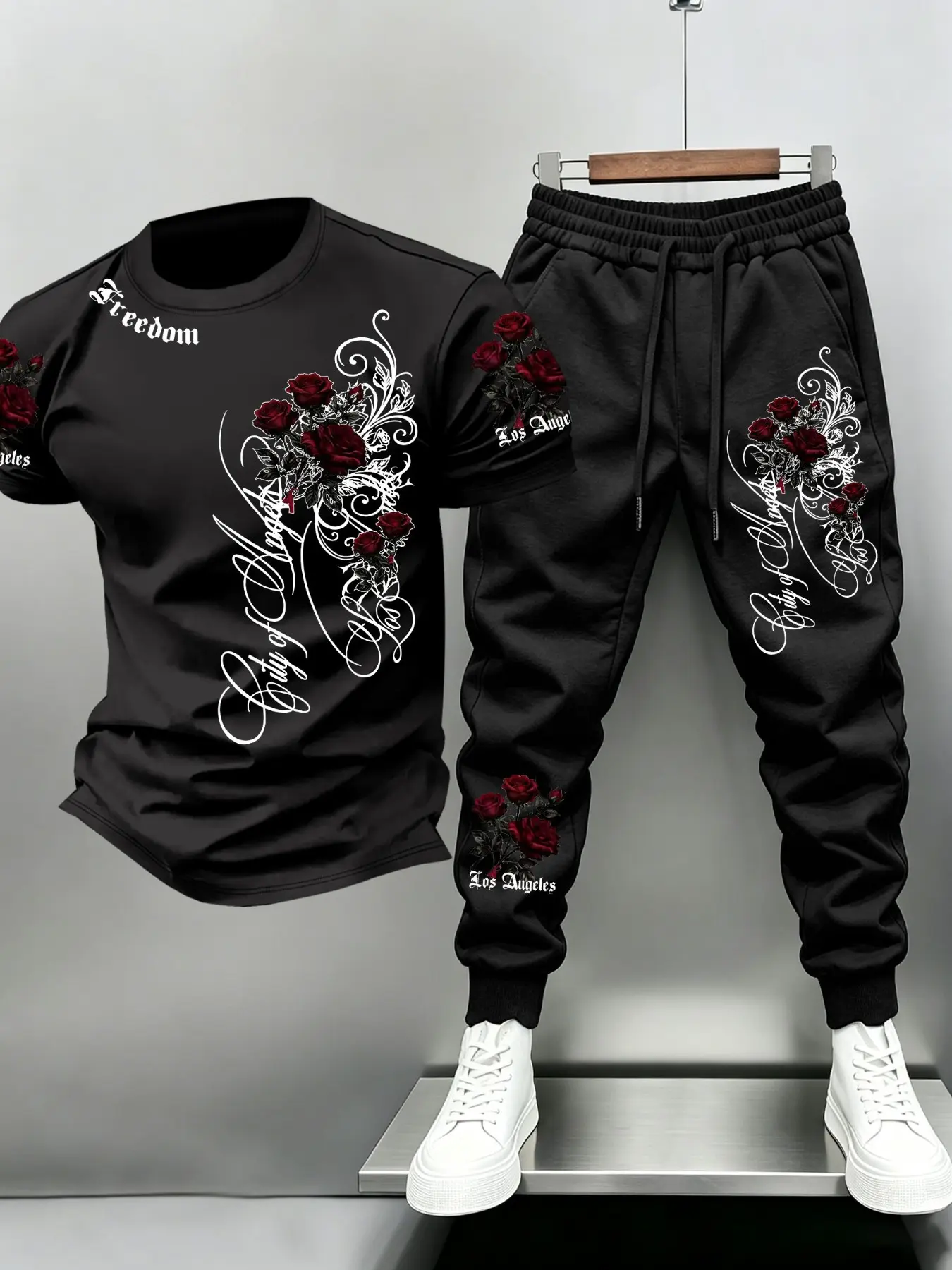 Men 2Pcs Outfit Set, Gothic Rose Script Graphic Short Sleeve Tee & Jogger Pants, Elastic Waist Tracksuit, Casual Streetwear Matching Daily Wear