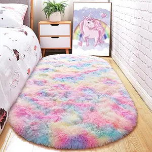 Soft Washable Shaggy Rug - Non-Slip Oval Carpet for Nursery, Kids Bedroom & Home Decor (2.6x5.3ft Tie-Dye Rainbow)| Plush Mat for Cozy Living Spaces