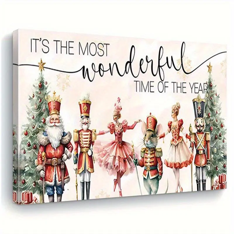 2D Flat, 2D Flat, 1pc Framed Canvas Wall Art, Christmas Nutcracker Canvas Print - Framed Holiday Decoration Featuring The Quote "It'S The Most Wonderful Time of The Year", Bright Ink on Canvas, Traditional Art Decor Style for Living Room, Bedroom