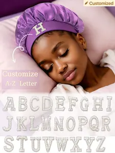 1PC A-Z Alphabet Custom Satin Purple Night Bonnet, Wide Elastic Hair Protection Sleep Cap, Soft Silk Big Kids Anti-Frizz Wrap Hat, Bedroom Daily Bath Headwear for 8-13 Years Old