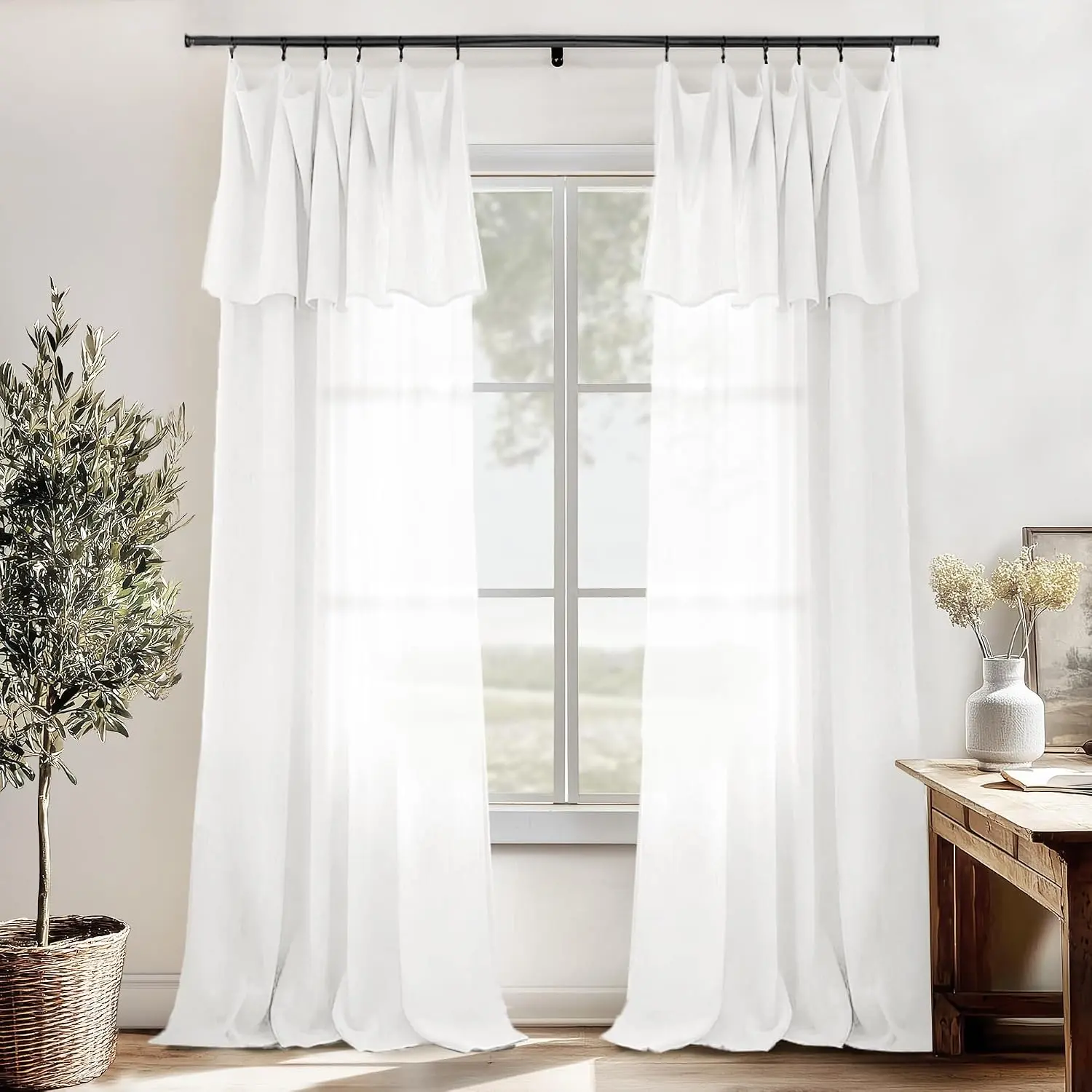 White Ruffle Linen Curtains with Attached Valance for Bedroom, 9FT Floor to Ceiling Coastal Semi Sheer Drapes,  Extra Long Fabric Shower Curtain for Bathroom 108 Inch Long 2 Panels Set