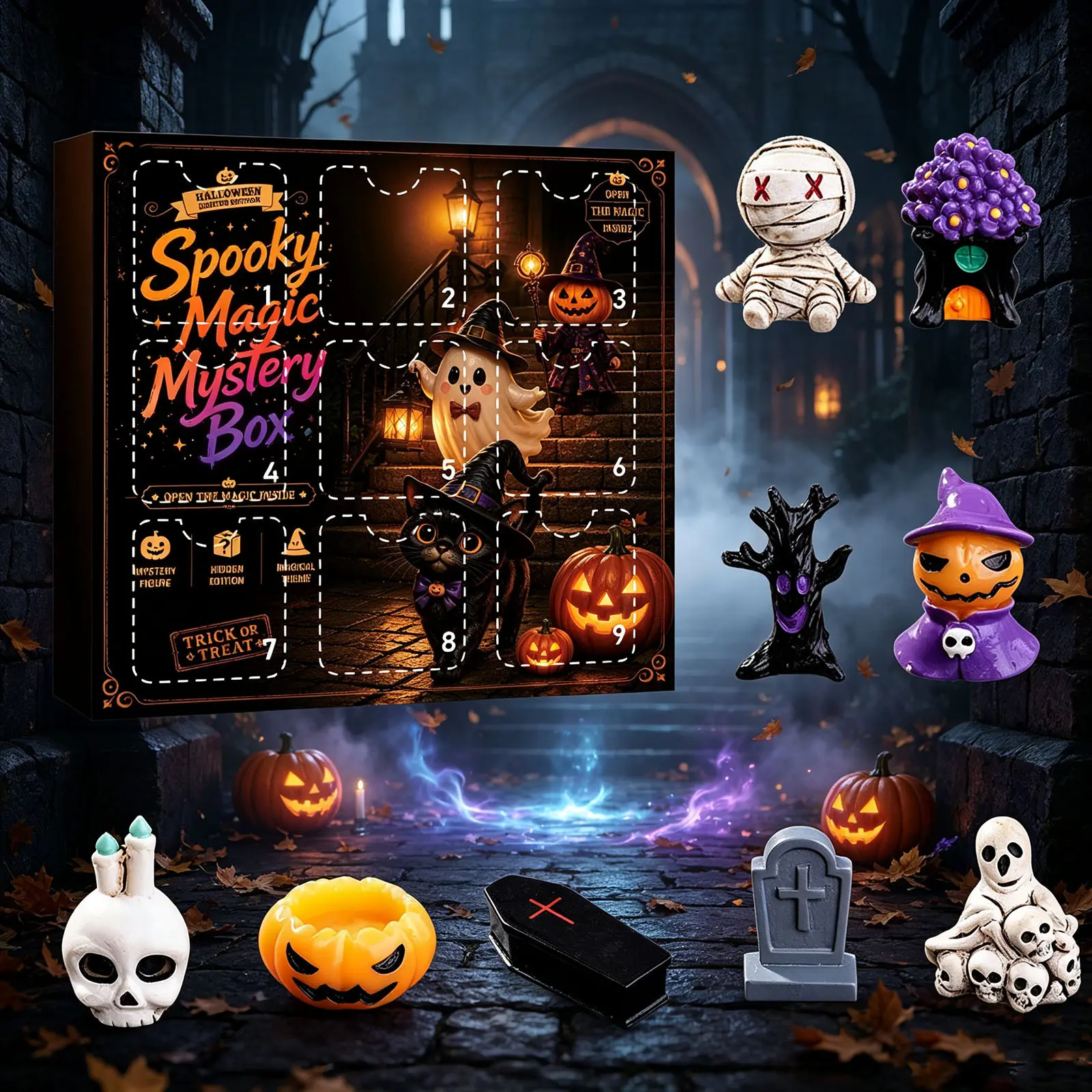 2026 Halloween Advent Calendar, 9 Days 9 Grids Halloween Mystery Blind Box with 3D Resin Spooky Figurines, Halloween Countdown Calendar Gifts for Kids Adults, Trick or Treat Party Home Decor-YY