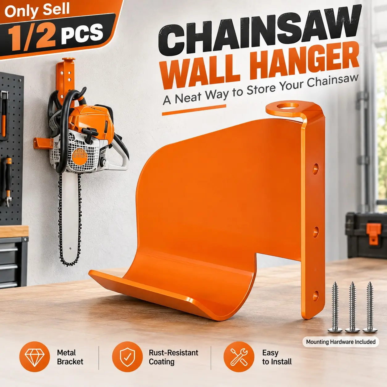 1/2 Pack Chainsaw Hanger, Rust-Resistant Coated Metal Wall Mount Holder with Curved Support and Mounting Screws, Vertical Tool Storage Rack for Chainsaws in Garages, Workshops and Sheds Tool Racks