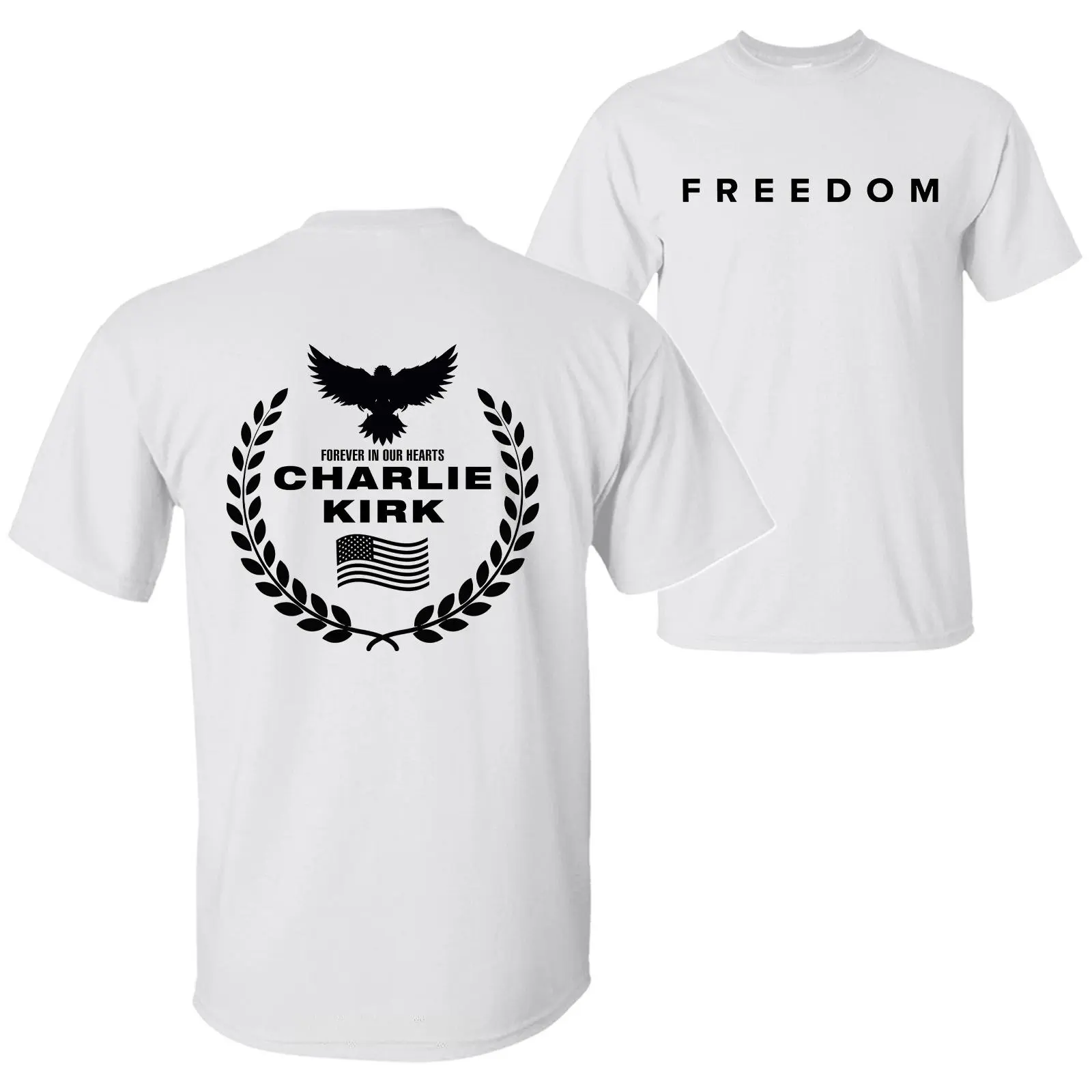 Charlie Kirk Memorial T-Shirt, Unisex Casual Streetwear Top with American Patriot Eagle Graphic, Shortsleeve Round Neck Cotton 2-Sided Print, Tops