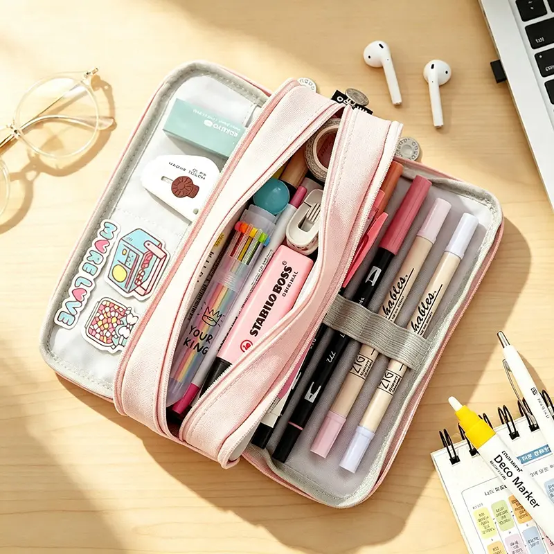 Large Capacity Pencil Case with 3 Compartments, School Pen Bag Organizer for Students, Aesthetic Stationery Storage Pouch for College, Office Supplies & Daily Use