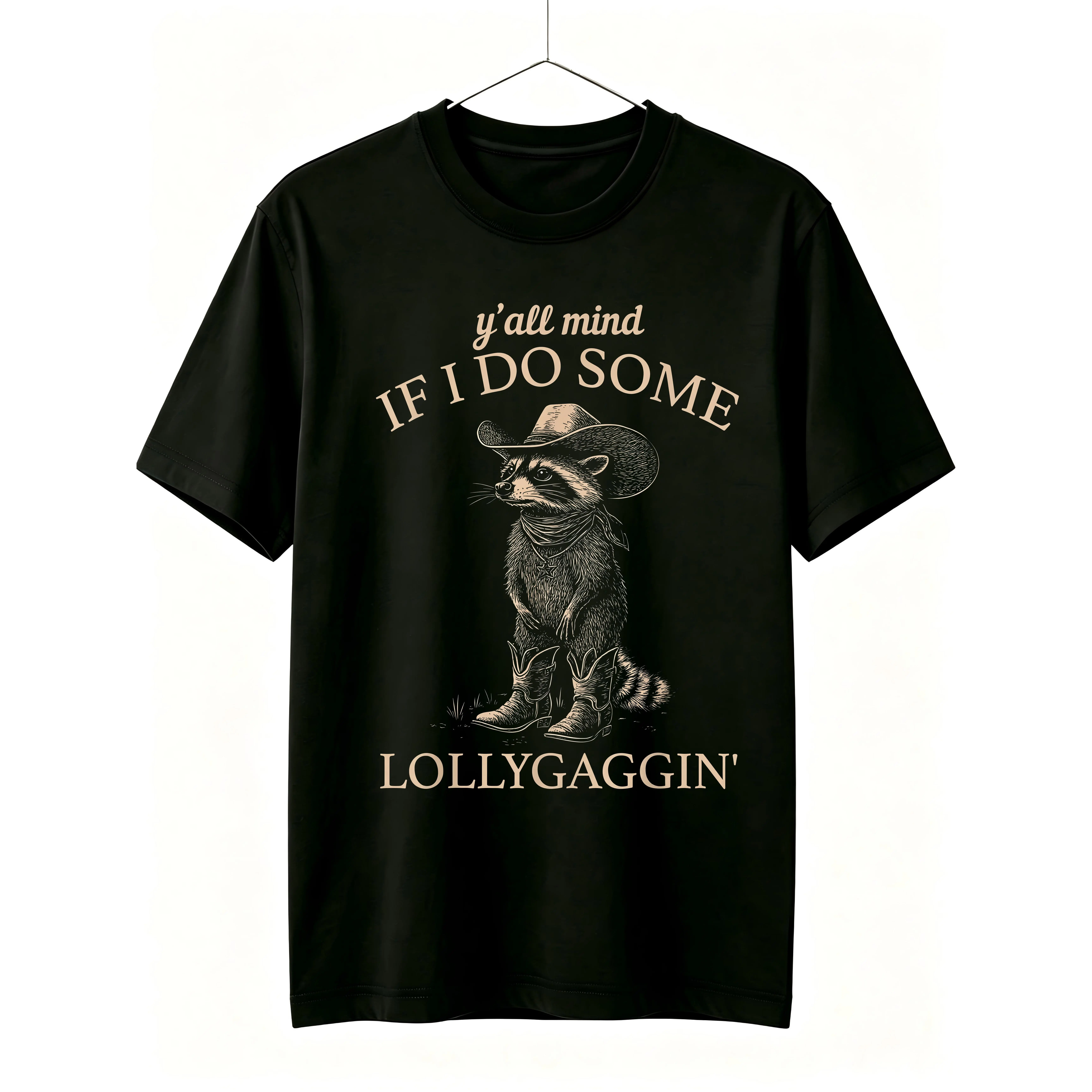 Funny Cowboy Raccoon T-Shirt - Retro Western Graphic Tee with "Y'all Mind If I Do Some Lollygaggin'" Slogan, Machine Washable Round Neck Casual Shirt Suitable for All- Wear & Cowboy Outfits Cotton Fabric