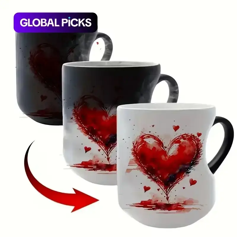 1 pc 11 oz Magic Color-Changing Mug, Heat-Activated Thermosensitive Ceramic Cup, White with Red Hearts Design, Funny Accent Mug, Reusable Beverage Cup for for Tea and Cocoa (Hand Wash Only) #GLOBAL PICKS