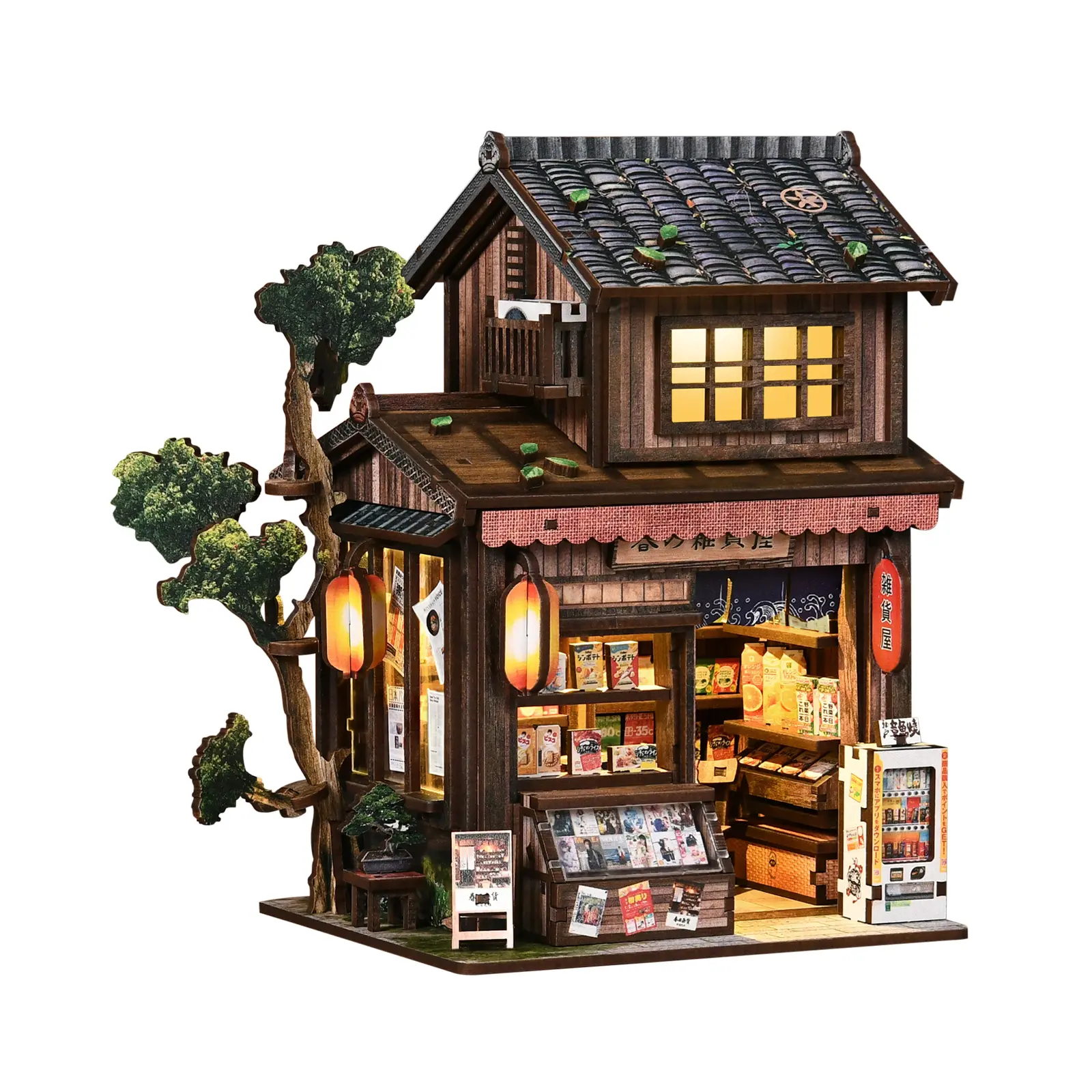 Japanese Retro General Store DIY Assembly Bookend with Lights Wooden 3D Puzzle Adult Decompression Handmade Miniature Scene Model Healing Desktop Decoration Gift