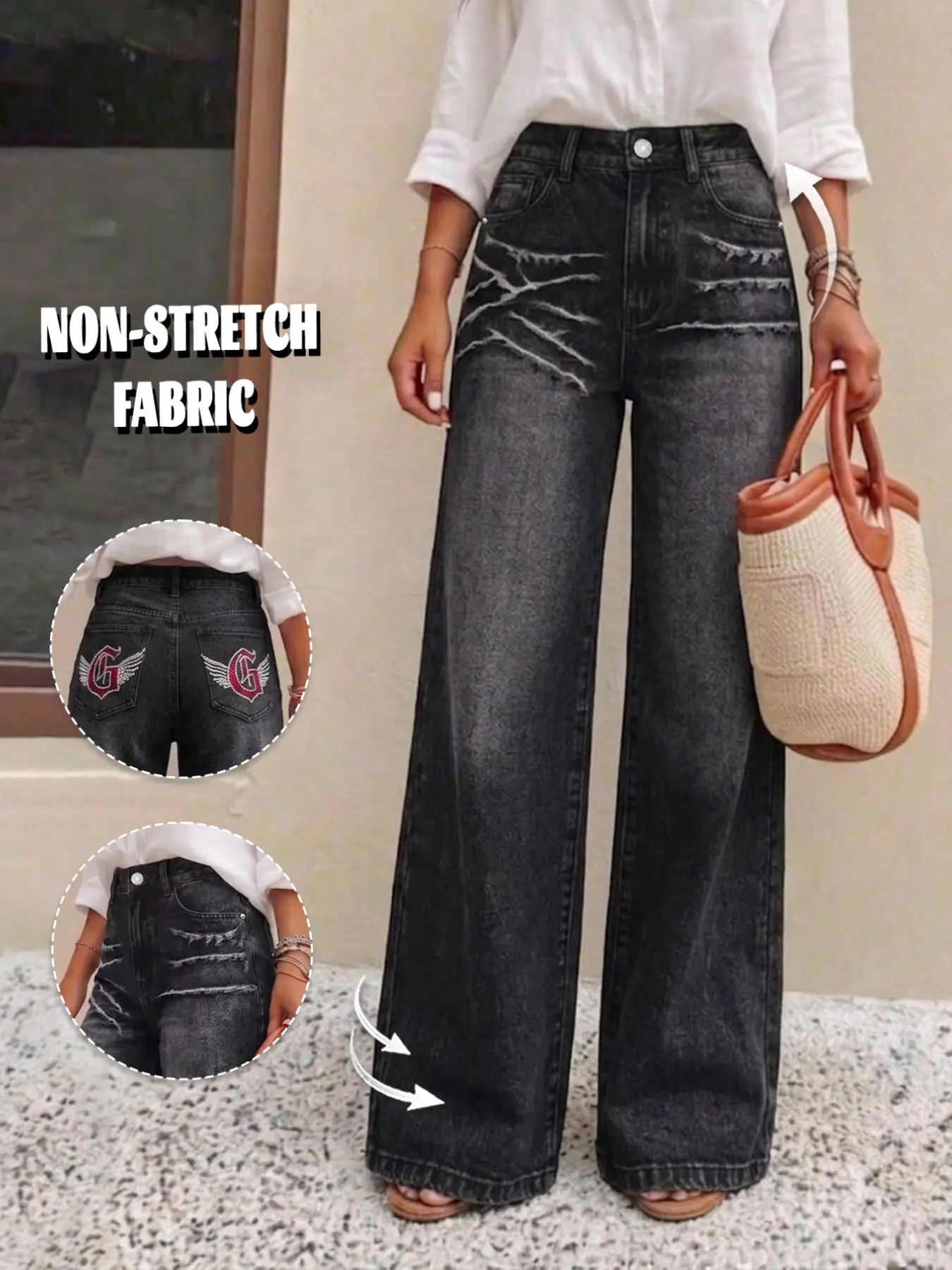 GILIPUR 1 Piece Black Washed Wide-Leg Jeans, Daily Commuter Denim Trousers for Mature Women, Casual Streetwear Pants TChic