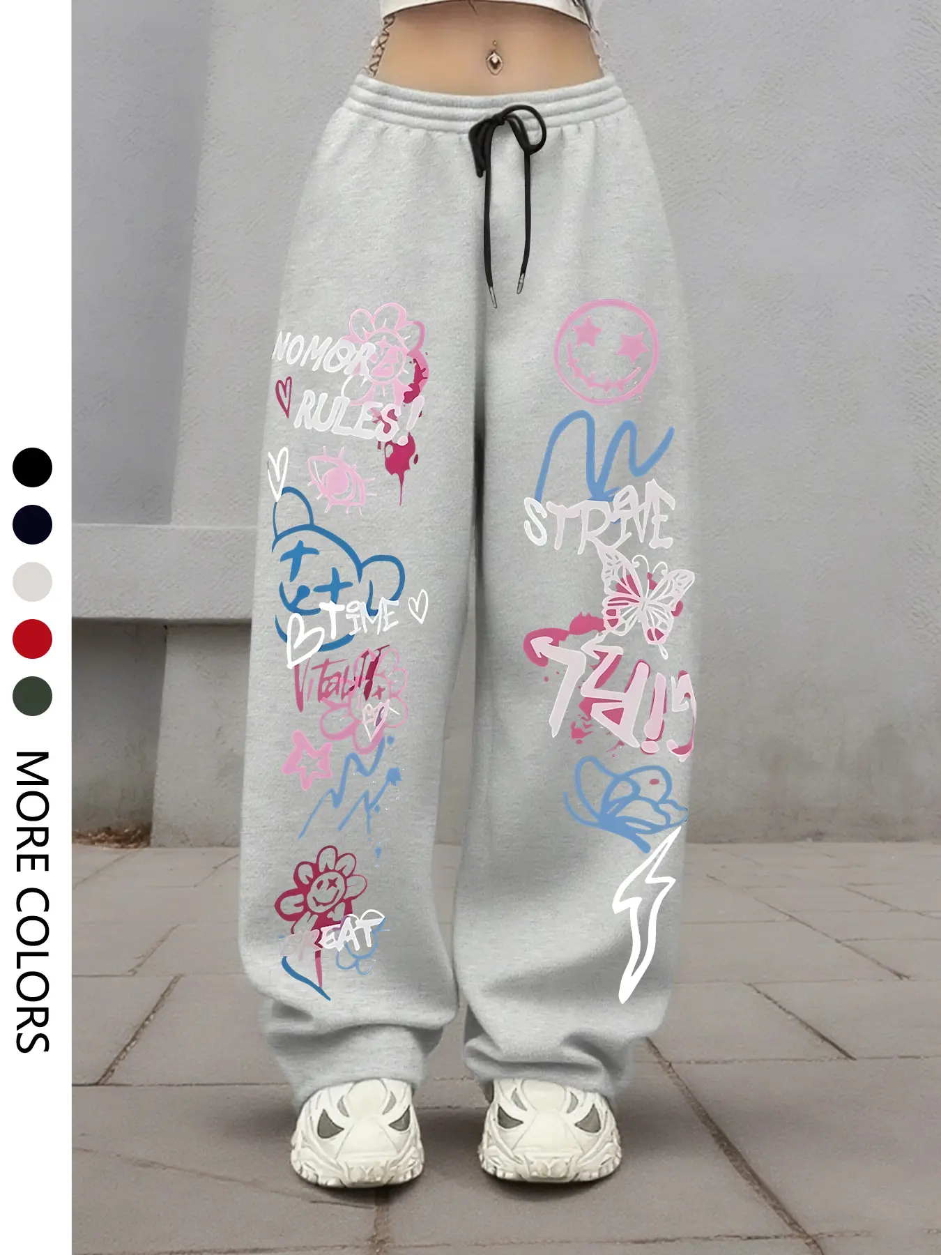 Women's Casual Loose-Fit Long Pants, Fun Graffiti Letter Emoji Butterfly Print, Fashionable Everyday Wear, Suitable for Home and Outdoors