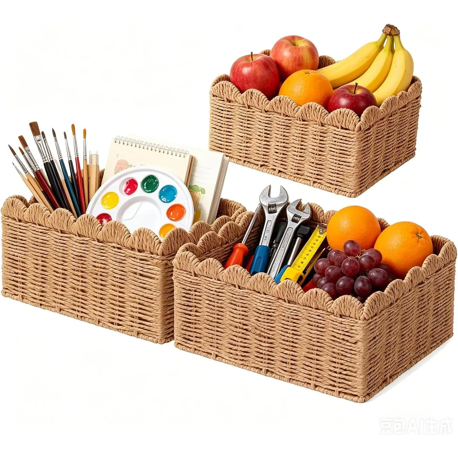 3 Pcs Wicker Storage Baskets for Shelves Picnic Basket,Scalloped Baskets, Hand-woven Wicker Storage Cubes, Paper Rope Shelf Baskets for Organizing and Decoration,Brown Basket