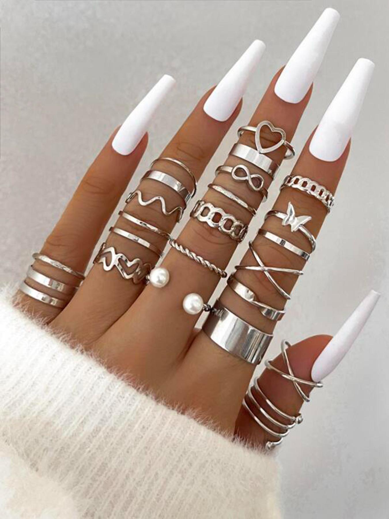 66pcs Women's Elegant Fashion Butterfly Heart Design Rhinestone Decorated Rings, Casual Versatile Hollow out Geometric Design Rings, Fashion Accessories for Women & Girls