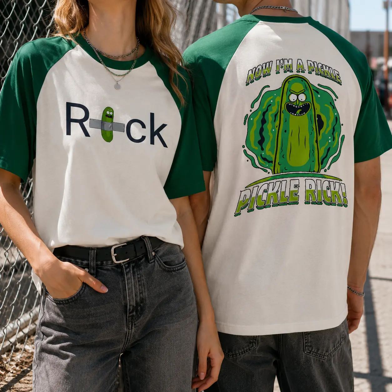 Rick and Morty Pickle Rick T-Shirt, Green Cream Raglan Short Sleeve, Front Back Cartoon Graphic, Funny Retro Baseball Tee