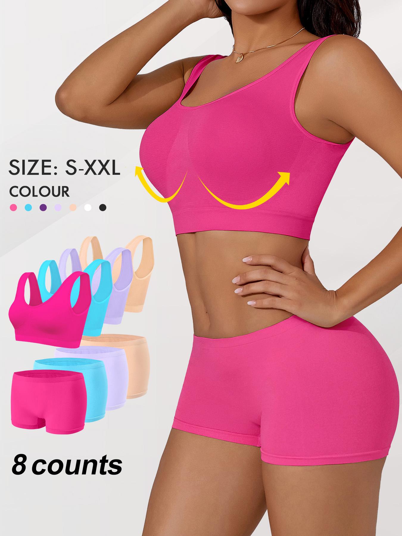 Women's Solid Wireless Bra & Skinny Boyshorts Set, Breathable Comfortable Backless Push Up Bra & Panty Shorts Underwear Sets, Women Sweatsuit Set, Ladies Underwear Set for Indoor Wear, Women's Underwear Set, Yoga Clothes Set, Activewear Clothing