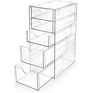 Acrylic Drawer Makeup Organizer with 5 Drawers, Hair Accessories Organizer, Office Desk Organization, Clear Stackable Storage Drawers for Vanity, Countertop, Craft, Jewelry
