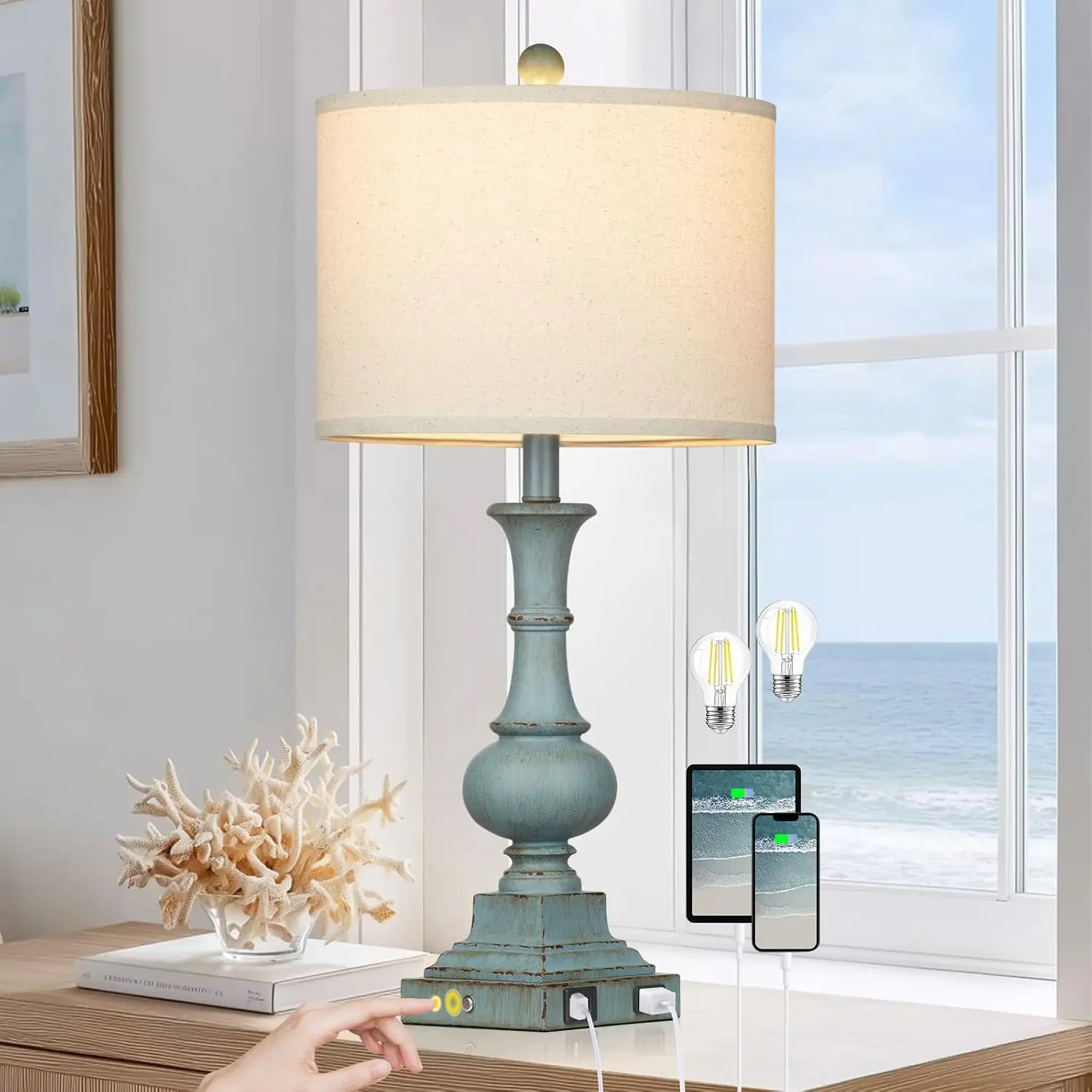 26" Tall Coastal  Lamp for Living Room,  Table Lamp with USB A/C  Ports & AC Outlets for Nightstand,3-Way Dimmable  Control Bedside Lamp for Bedroom End Table Blue